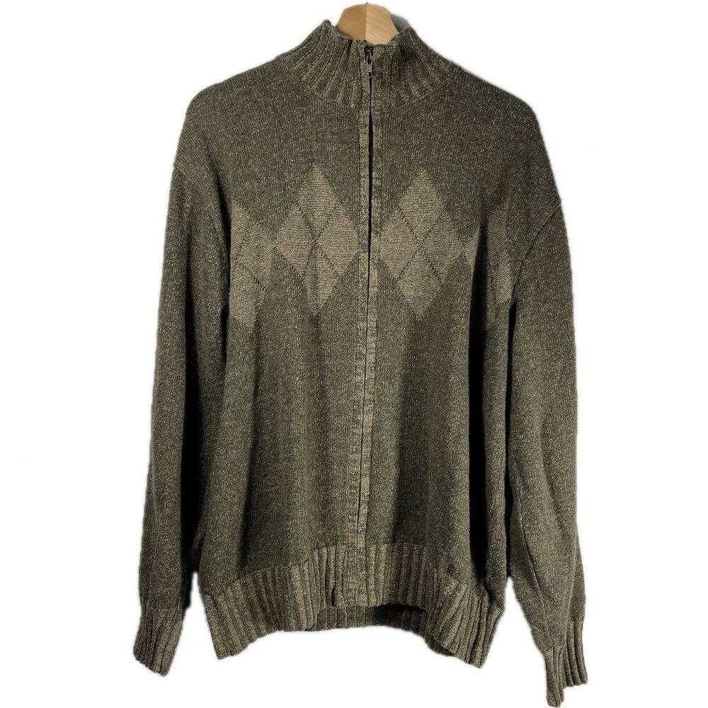 Bill Blass Men's Full Zip Diamond Argyle Sweater Green Size XXL